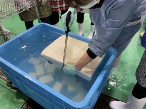 豆腐を切っている写真