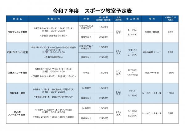令和7年スポーツ教室の予定表